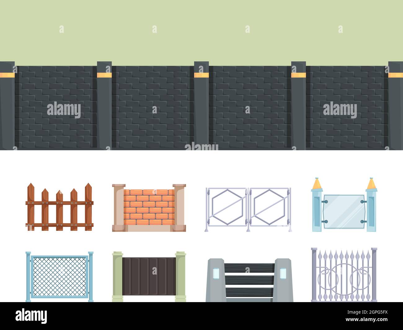 Fence. Wooden and brick fences for village farm vector outdoor elements for residential house building Stock Vector
