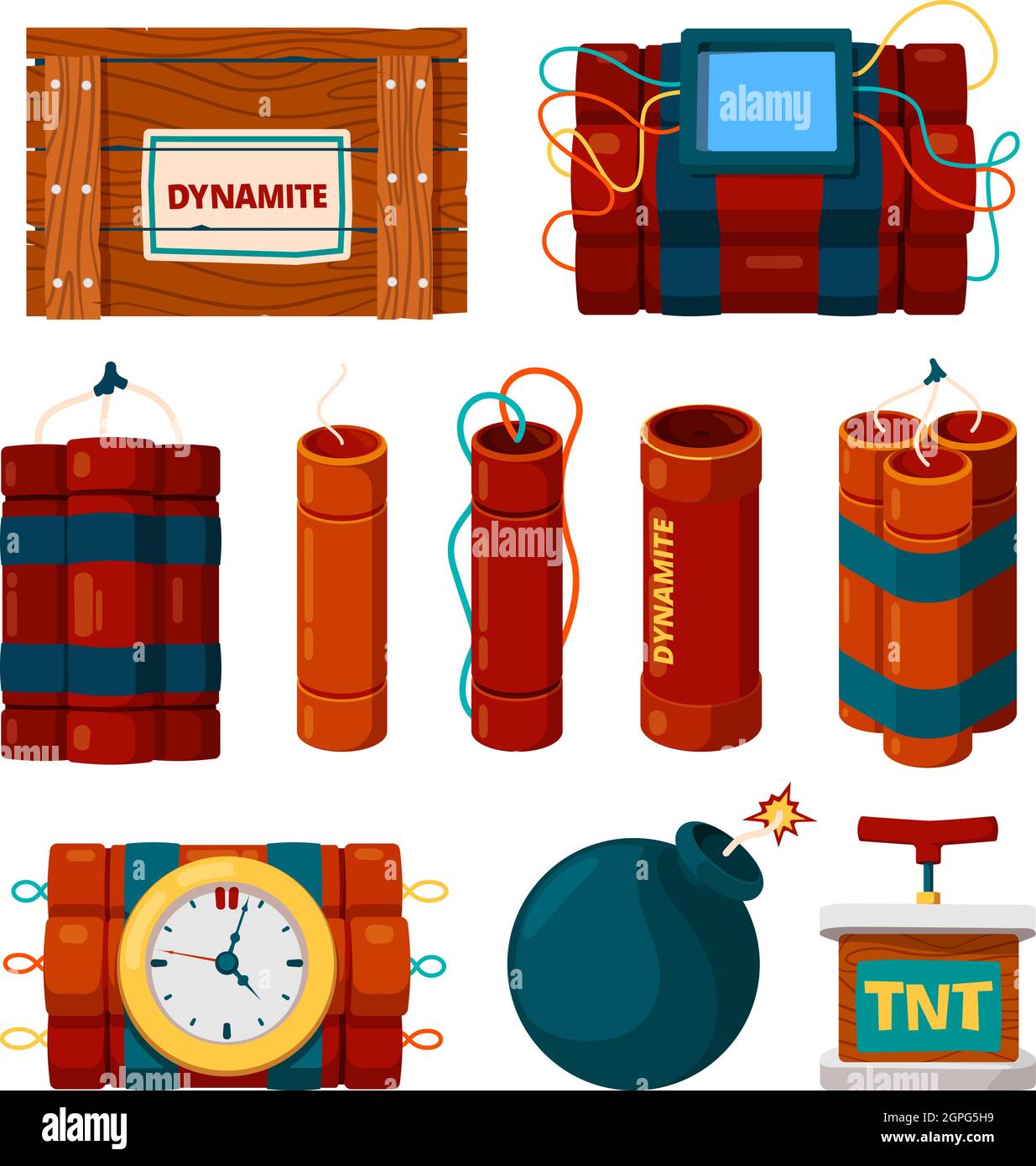 Dynamite sticks. Risk dangerous items bomb with clock alarm and timer detonator explosion burn vector cartoon pictures set Stock Vector
