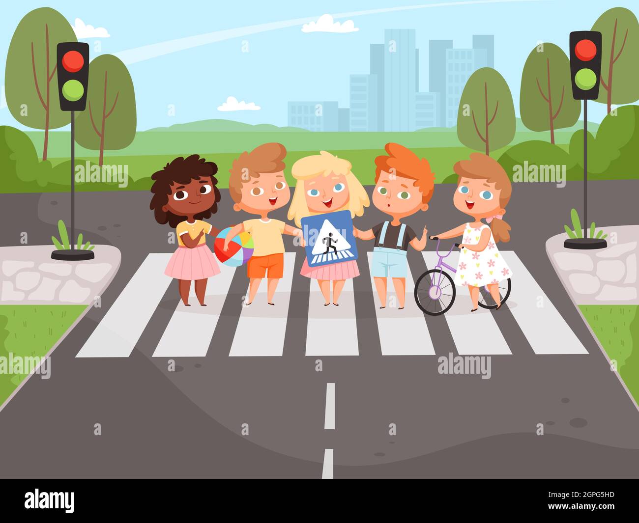 Crossroad rulles. Children learning safety road traffic lights on street and signboards vector background Stock Vector