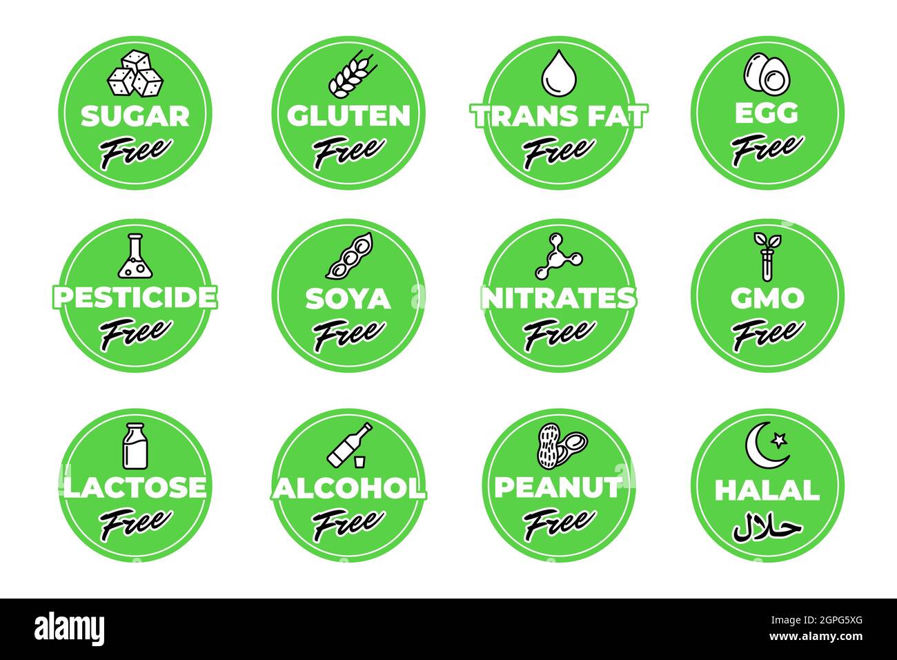 Food and cosmetic allergen free green label set. Non sugar, pesticide, egg, lactose, nitrates, gluten, alcohol, peanut, trans fat, soya, gmo ingredients badges. Halal arabic script certificate eps tag Stock Vector