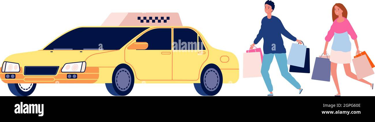 People get in car. Taxi service and cartoon shoppers characters. Flat man woman with bags vector illustration Stock Vector