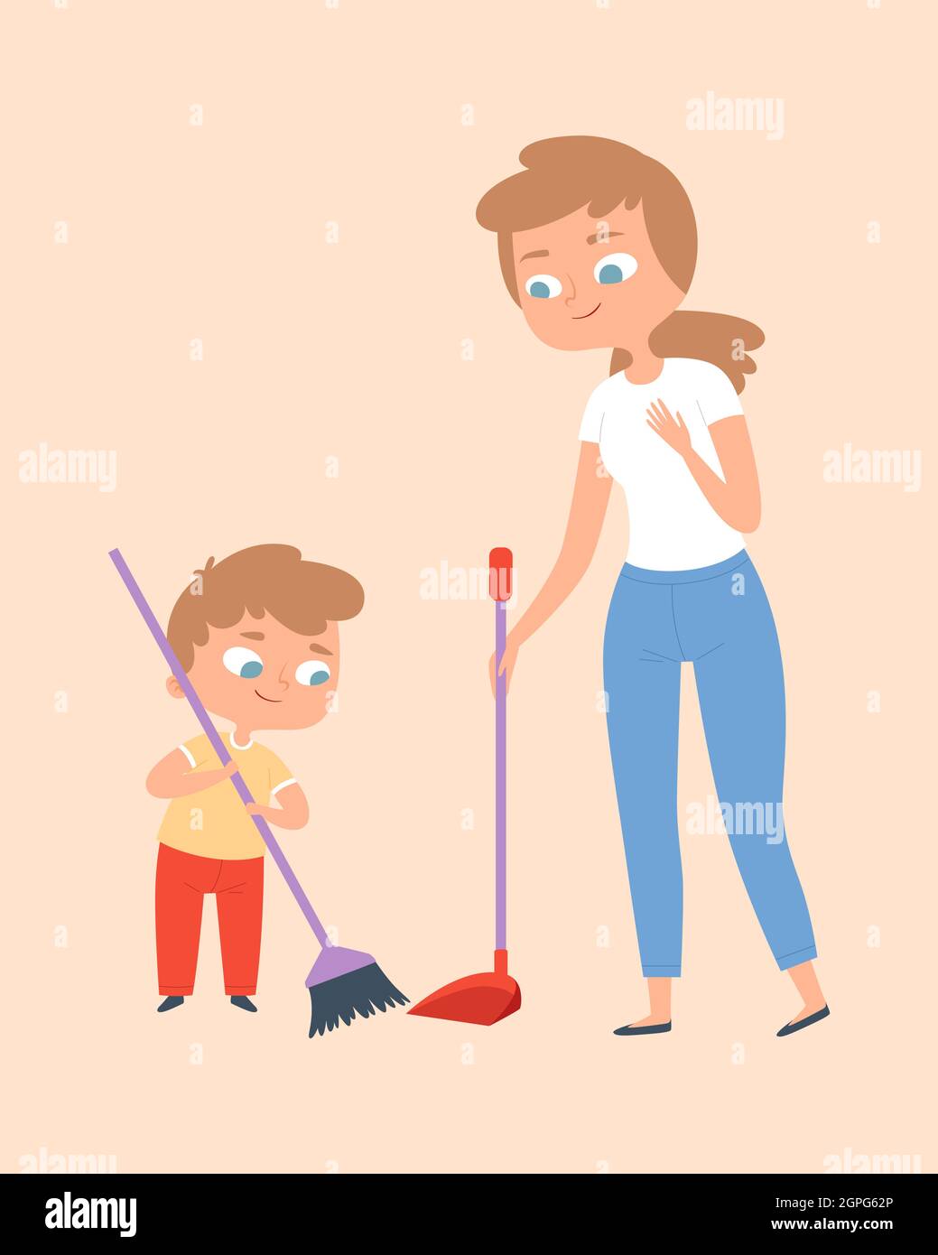 Sweep the floor. Mother and son with broom. Family time, cleaning home