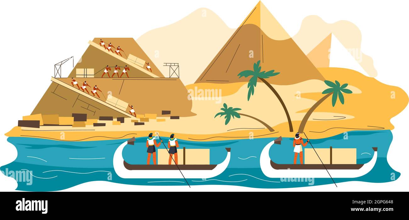 Egyptians citizens and slaves building pyramids Stock Vector