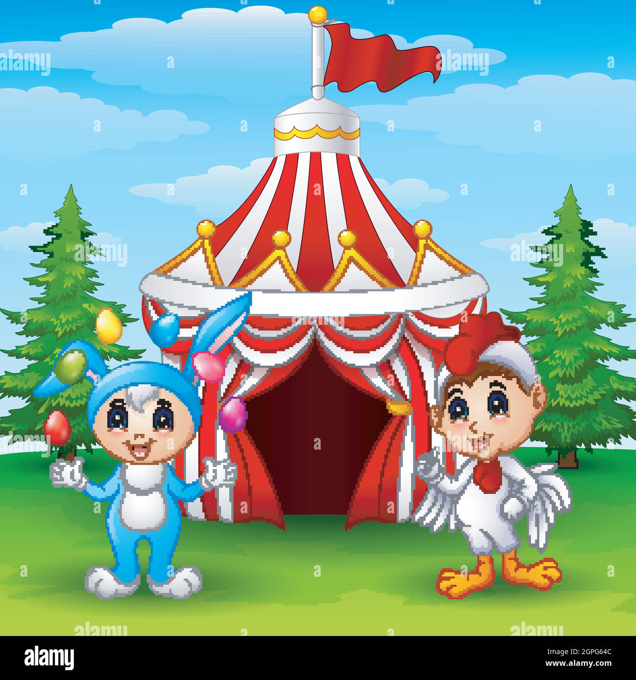 Circus girl rabbit costume and rooster kid on the circus tent background Stock Vector