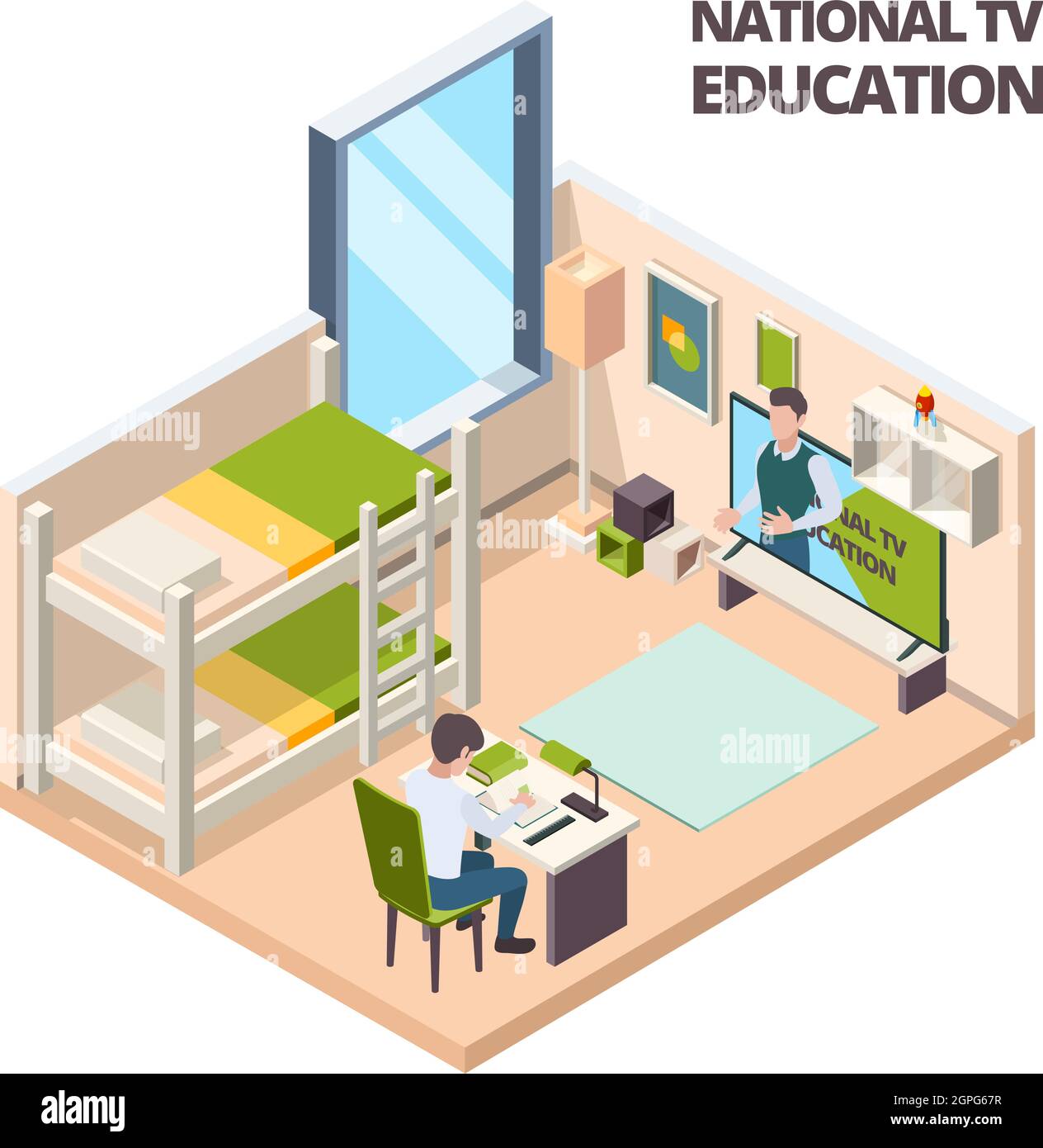 Online lesson at home. Kids student study at home sitting table and watching in computer vector isometric interior Stock Vector