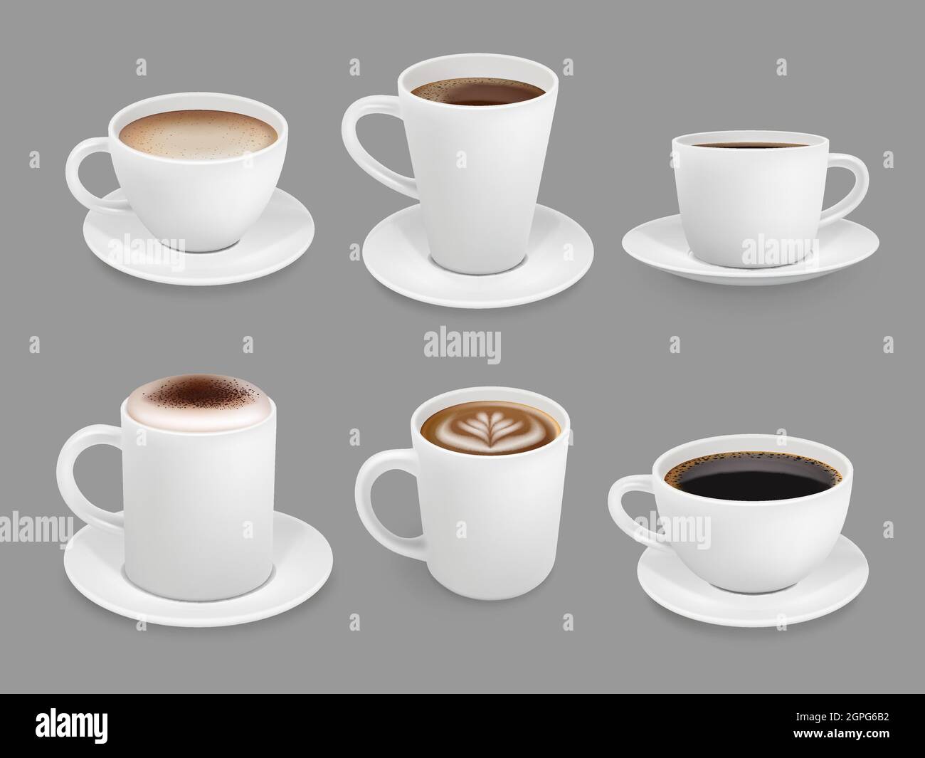 Coffee cup collection. Hot drinks with foam and steam smelling beverage