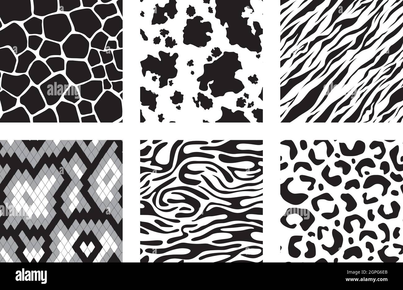 Animals skins patterns. Tiger giraffe zebra leopard vector seamless background Stock Vector