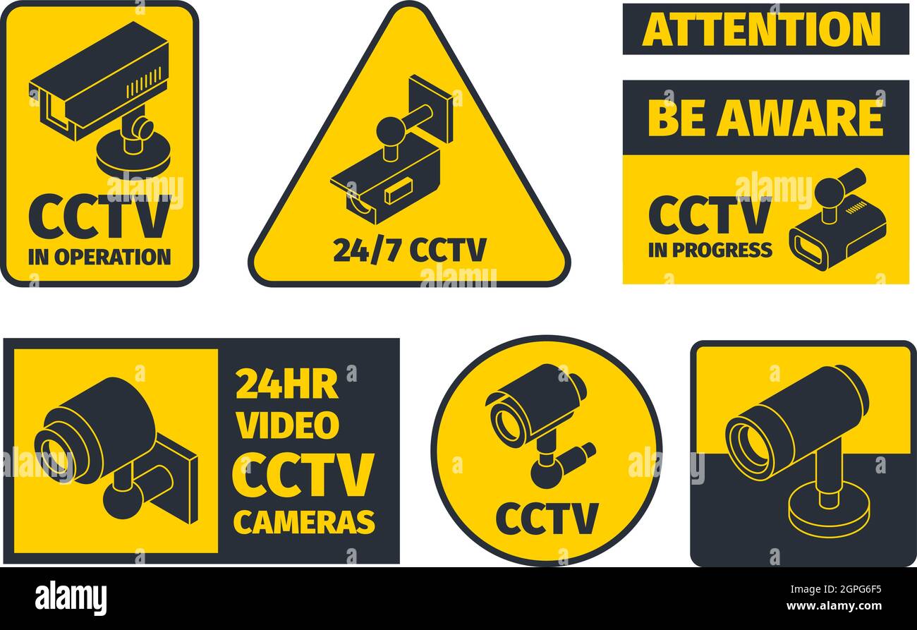 Cctv systems. Information badges safety anounce warning robbery signal security danger alert vector sign Stock Vector