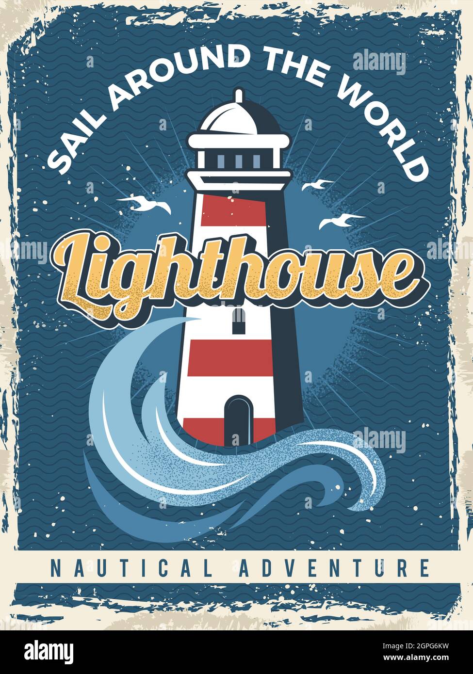 Lighthouse poster. Nautical retro placard with lighthouse travel marine symbols vector Stock Vector