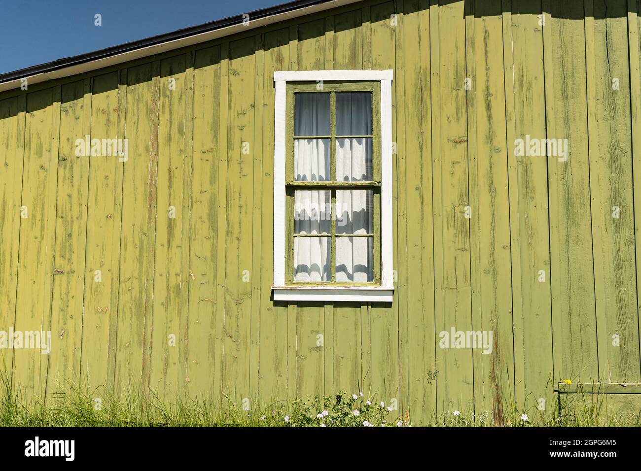 Old green window on barn Stock Photo
