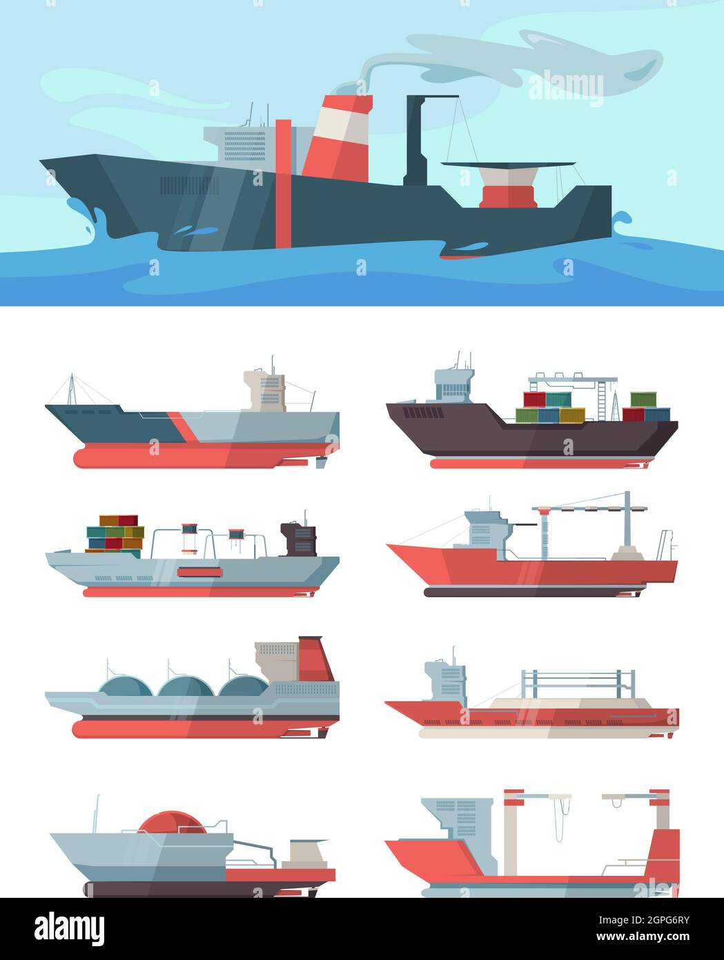 Industrial ship. Cargo vessel transportation sea big ocean ship with containers tanker oil vector illustrations Stock Vector