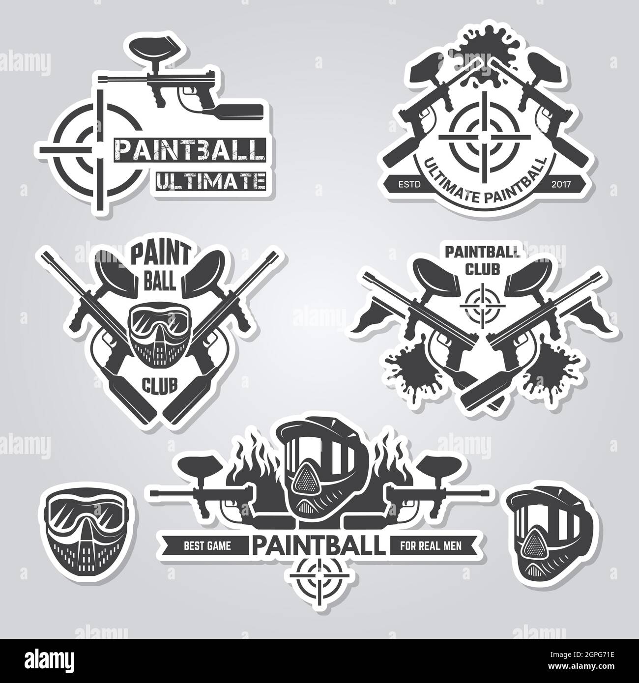 Paintball labels. Sport badges active games with gun and paint shooter team labels vector logos collection Stock Vector