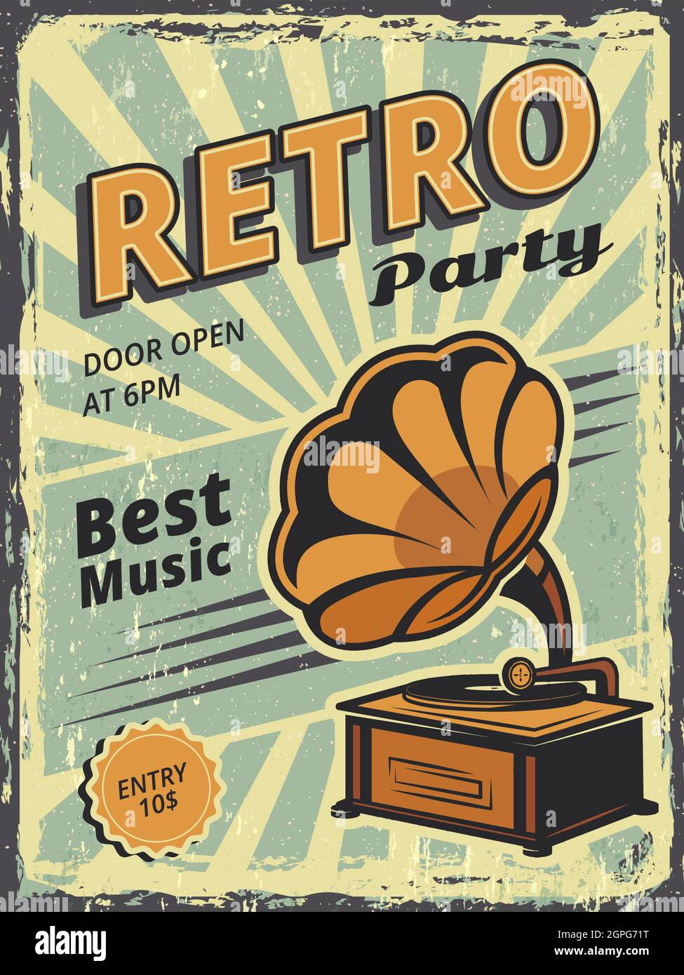 Retro party. Invitation poster with gramophone and vinyl records music