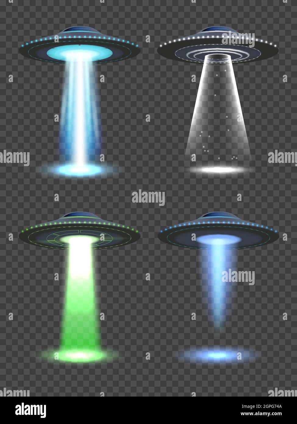 Ufo lights. Futuristic spaceship spotlight with fog transparent light of future technology vector realistic illustrations Stock Vector