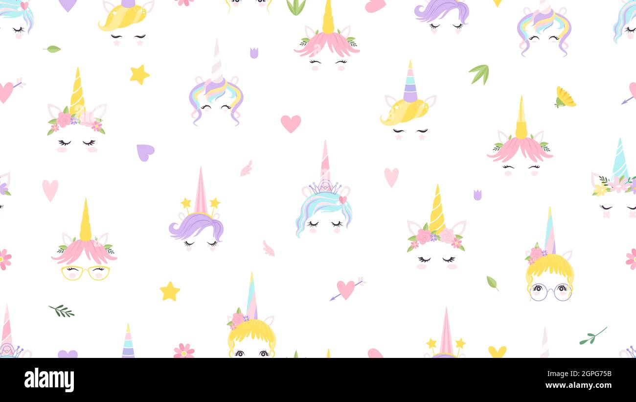 Unicorn faces pattern. Cute magic background. Fairy tale print for baby