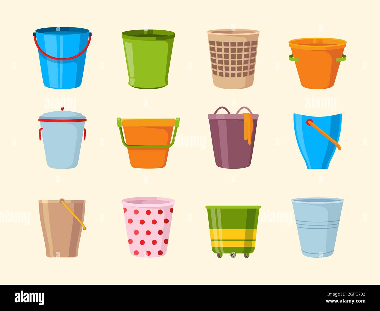 Empty bucket. Metal plastic and wooden buckets collection containers for garbage vector
