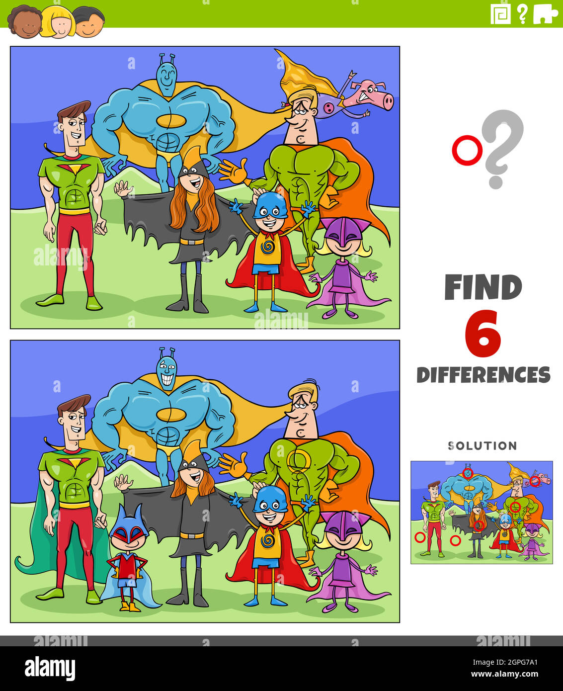 differences educational game with cartoon super heroes Stock Vector