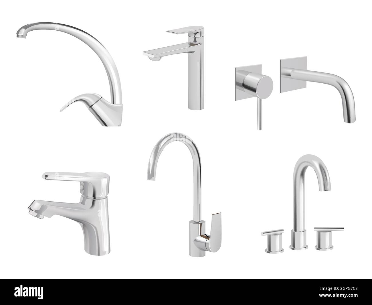 Water chrome tap. Kitchen tools plumbing accessories vector realistic