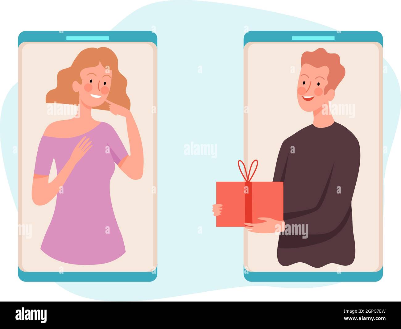 People with gift. Man gives box woman, online present service vector illustration Stock Vector