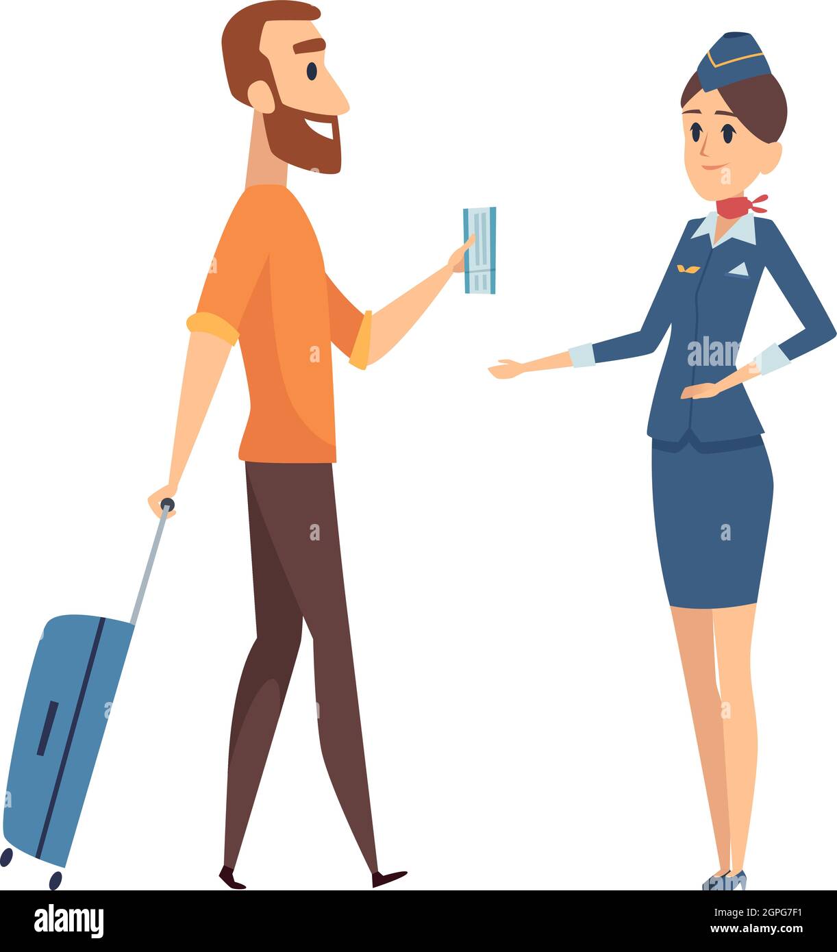 Man with fly ticket. Cartoon guy going on plane board with luggage