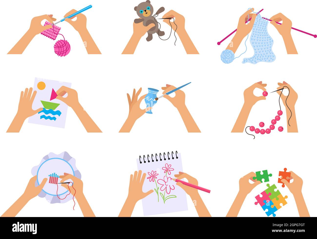 Hands crafting. Kids knitted drawing illustrations with brush and scissors cutting paper scrapbooking vector top view illustrations Stock Vector