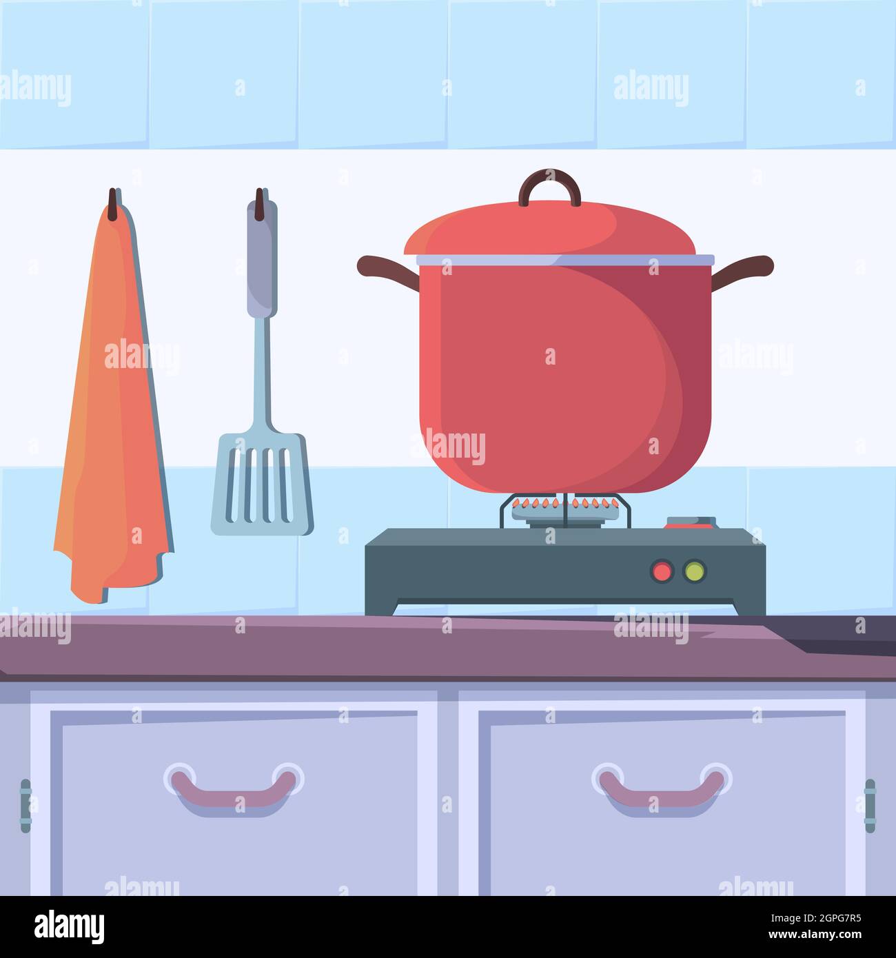 Gas stove food. Kitchen interior with boiling food cooking cuisine