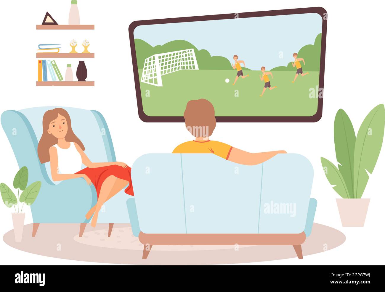 Couple spend time together. Woman man watch TV, football fans. Family in living room, stay at home vector illustration Stock Vector