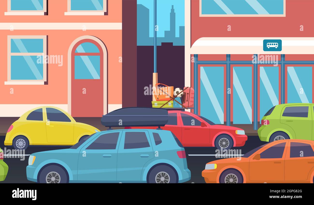 Traffic jam in downtown. Morning road problems, cars on city street. People driving to office vector illustration Stock Vector