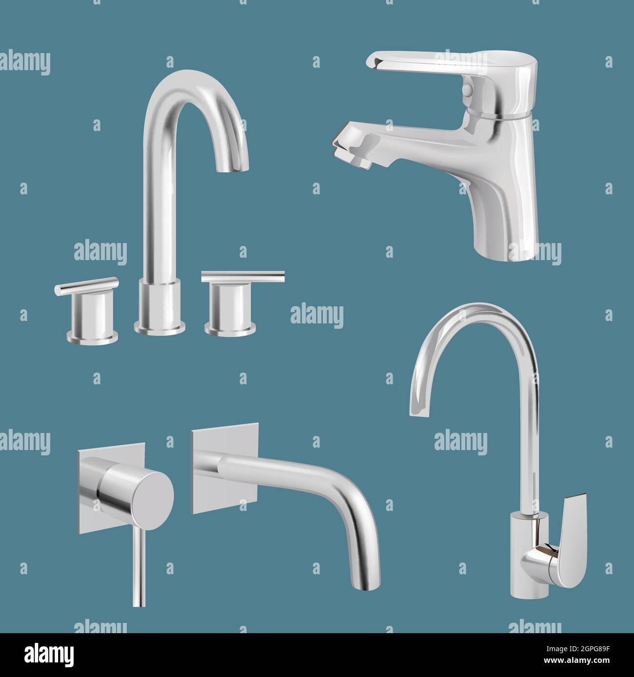 Water tap realistic. Aqua chrome kitchen utensil vector tap Stock Vector