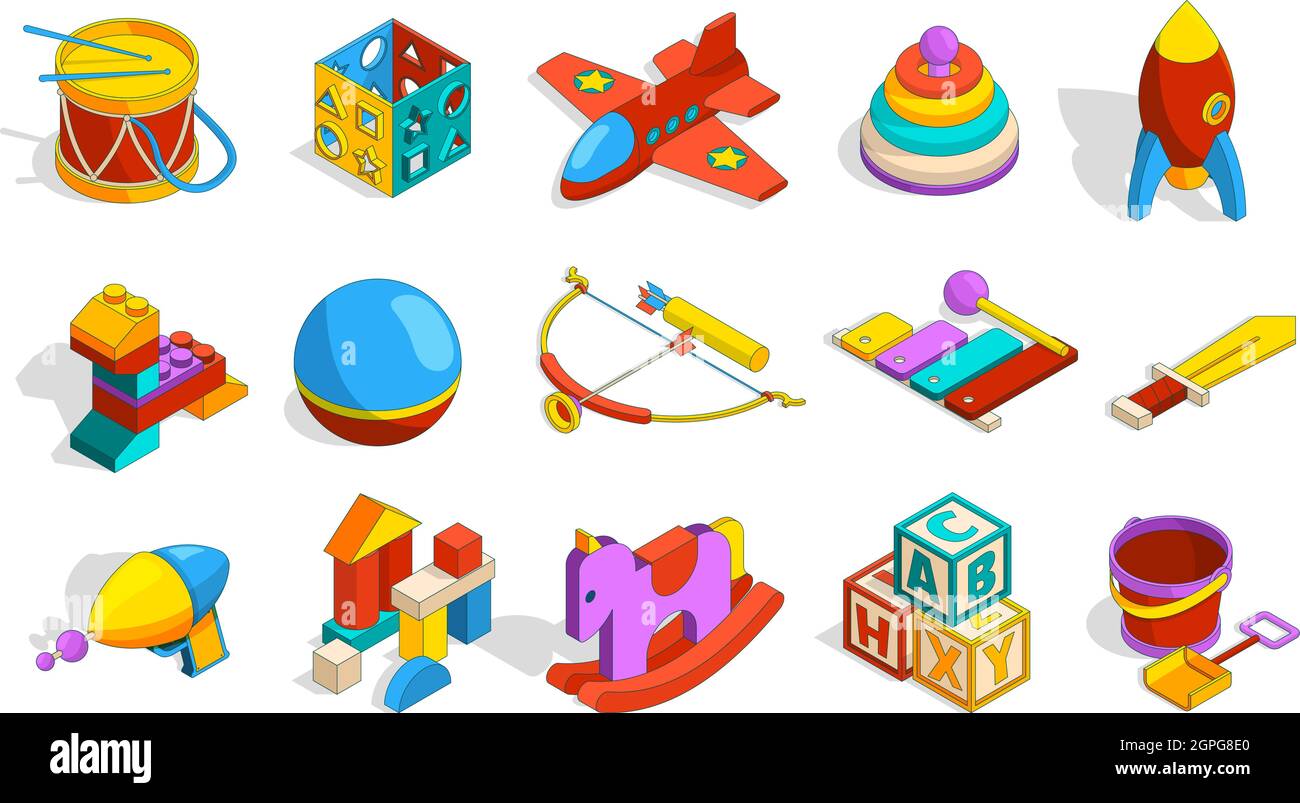 Toys isometric. Colored kindergarten objects for kids plastic preschool toys sets box blocks drum cars vector cute collection Stock Vector