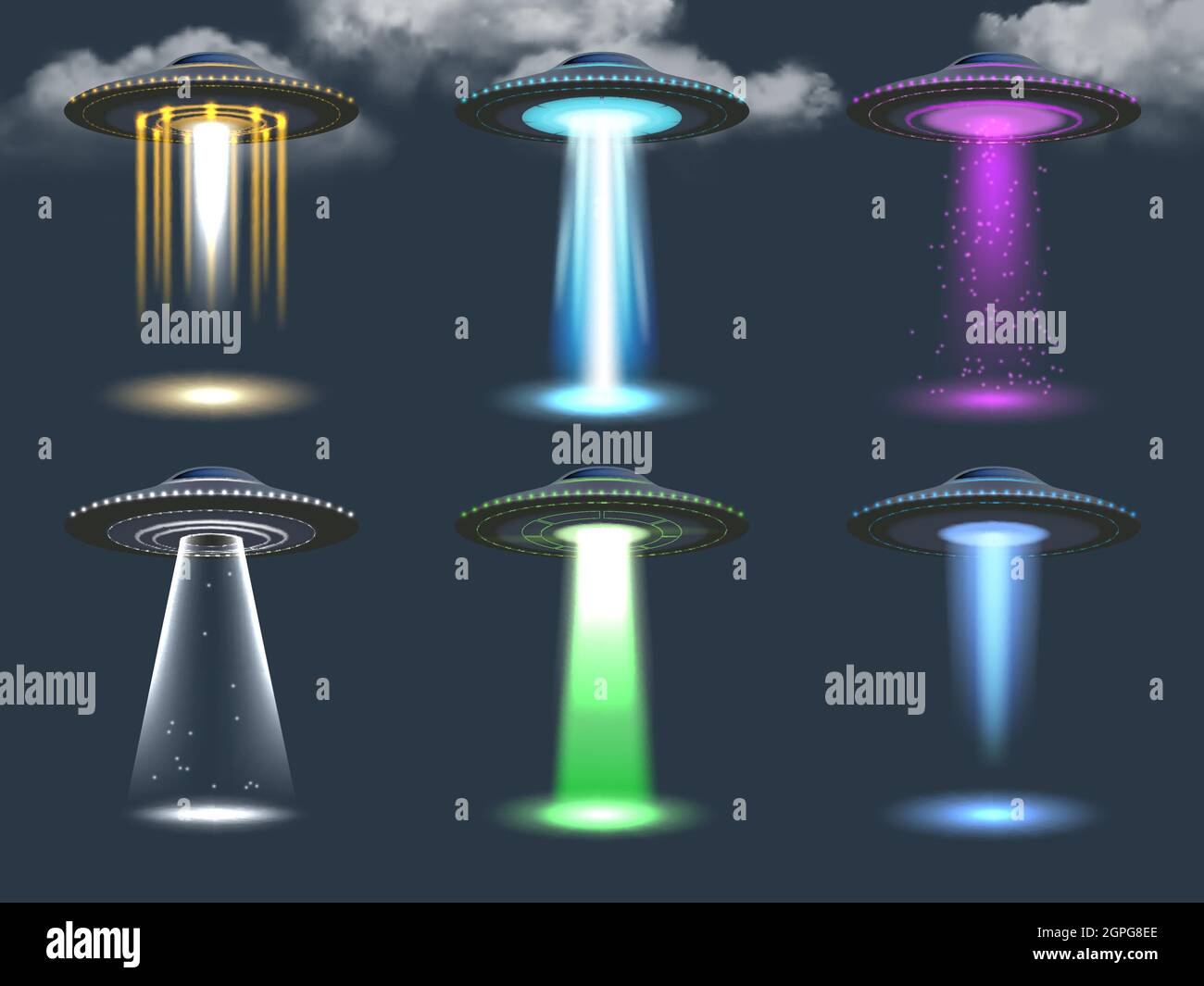 Ufo spotlight. Cosmic transport ambient alien lighting realistic glowing effect from spaceship vector illustrations set Stock Vector