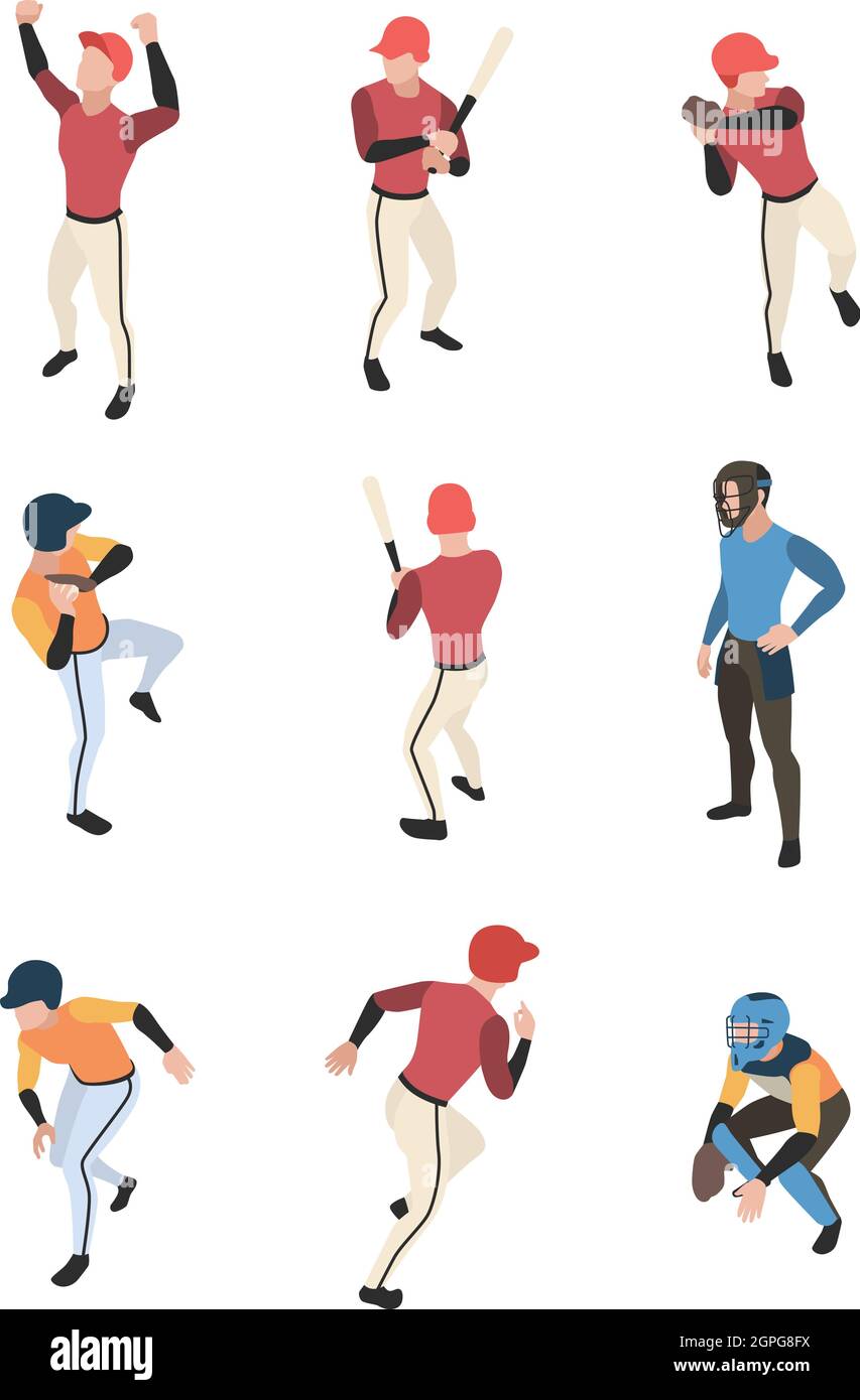 Baseball isometric. Sport game team people in action poses running standing baseball pitcher vector illustration Stock Vector