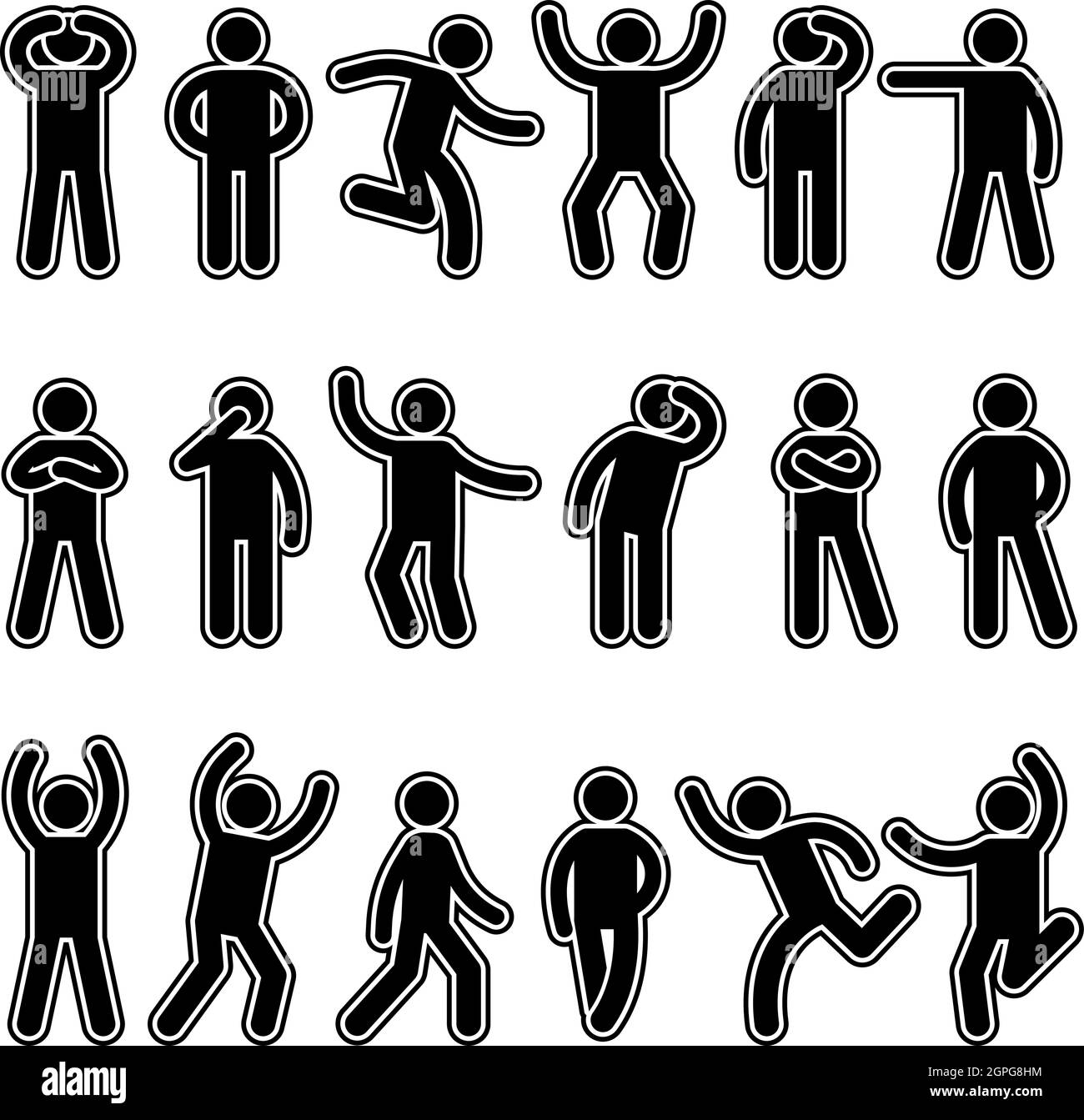 stickman icon, isolated pictogram stick figure man, various gestures with  hands, human symbol on white background Stock Vector