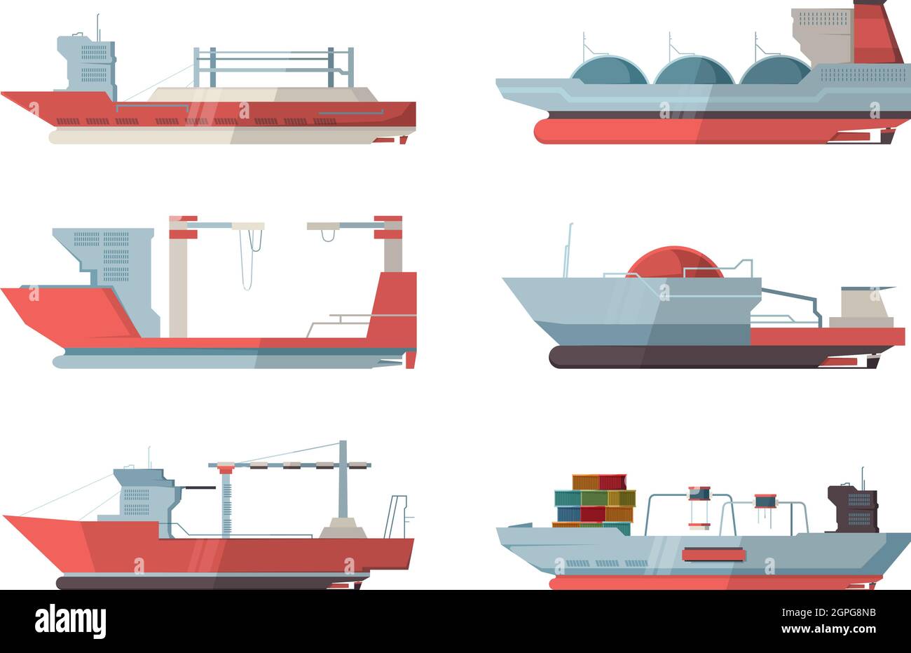 Cargo ship. Marine vessel ocean ship with crane and containers vector flat pictures Stock Vector