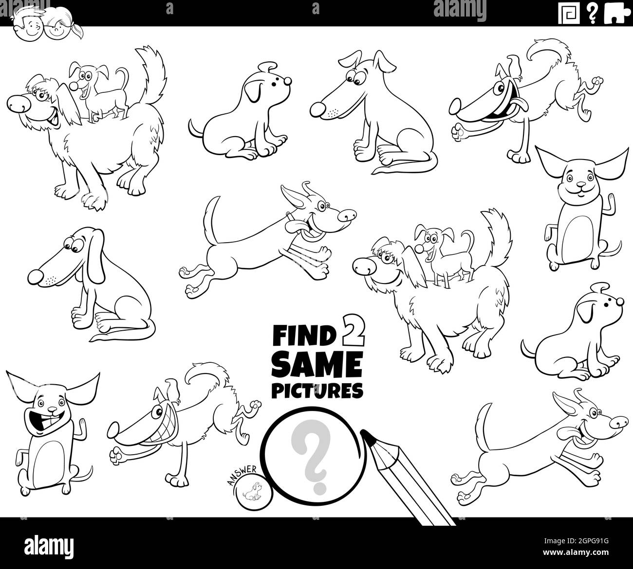 find two same dog characters game coloring book page Stock Vector Image ...