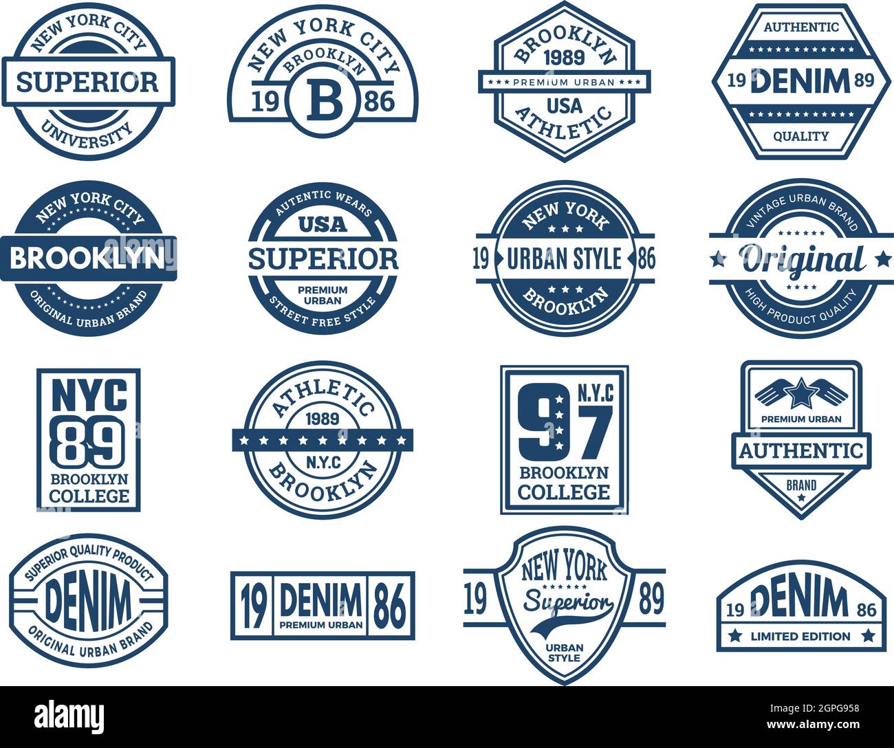 Jeans emblems. Vintage typography labels urban style wear patches sport banners embroidery vector collection Stock Vector