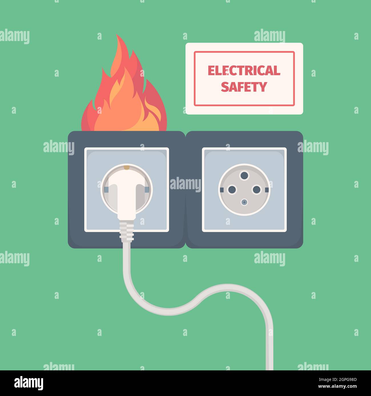 Cooking with an electric pan causes a short circuit. The power plug  contains flames and smoke. Fire ignites. Using non-standard equipment is  dangerous. overload Stock Photo