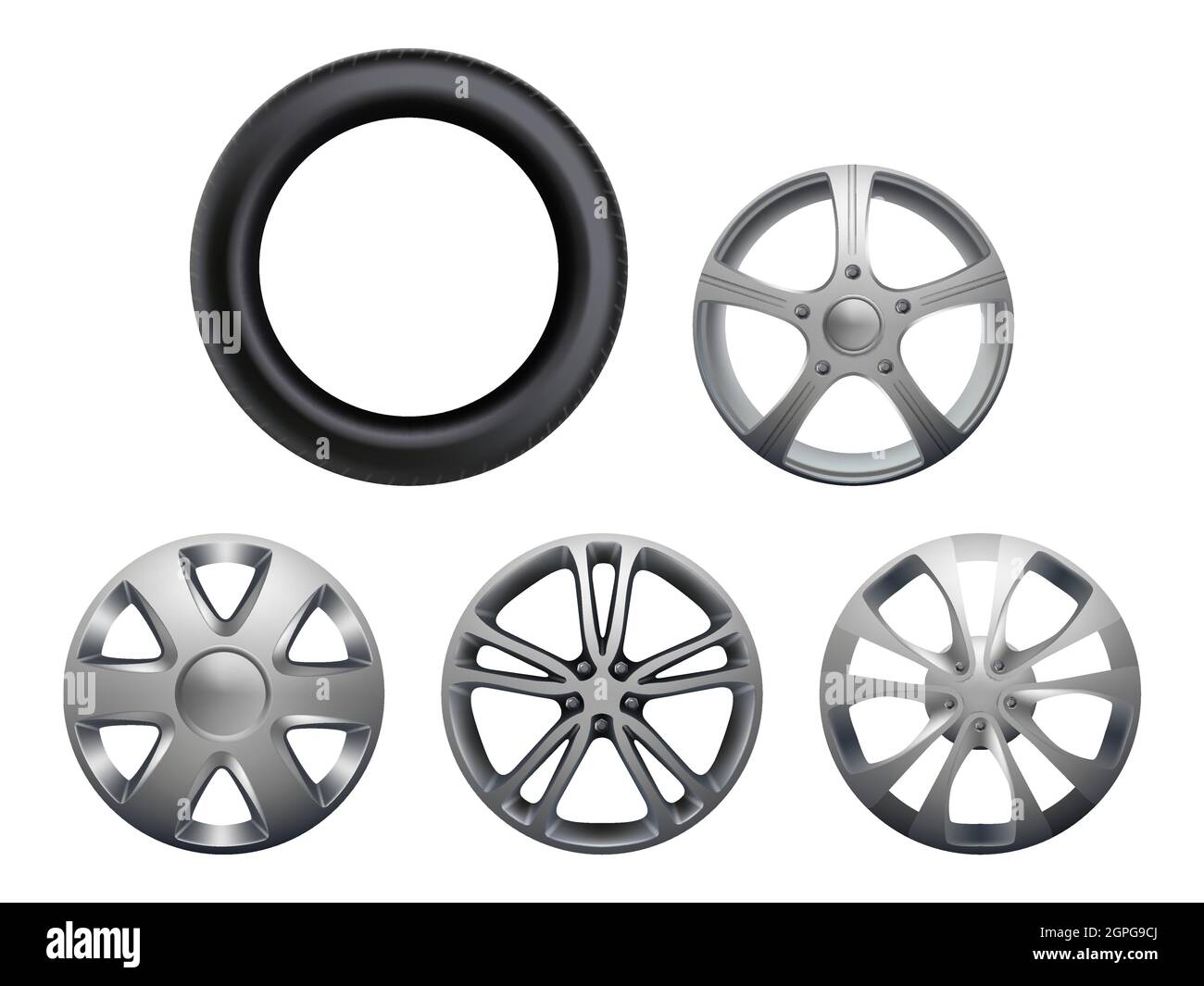 Car rims. Realistic wheels vehicle tyres collection vector closeup