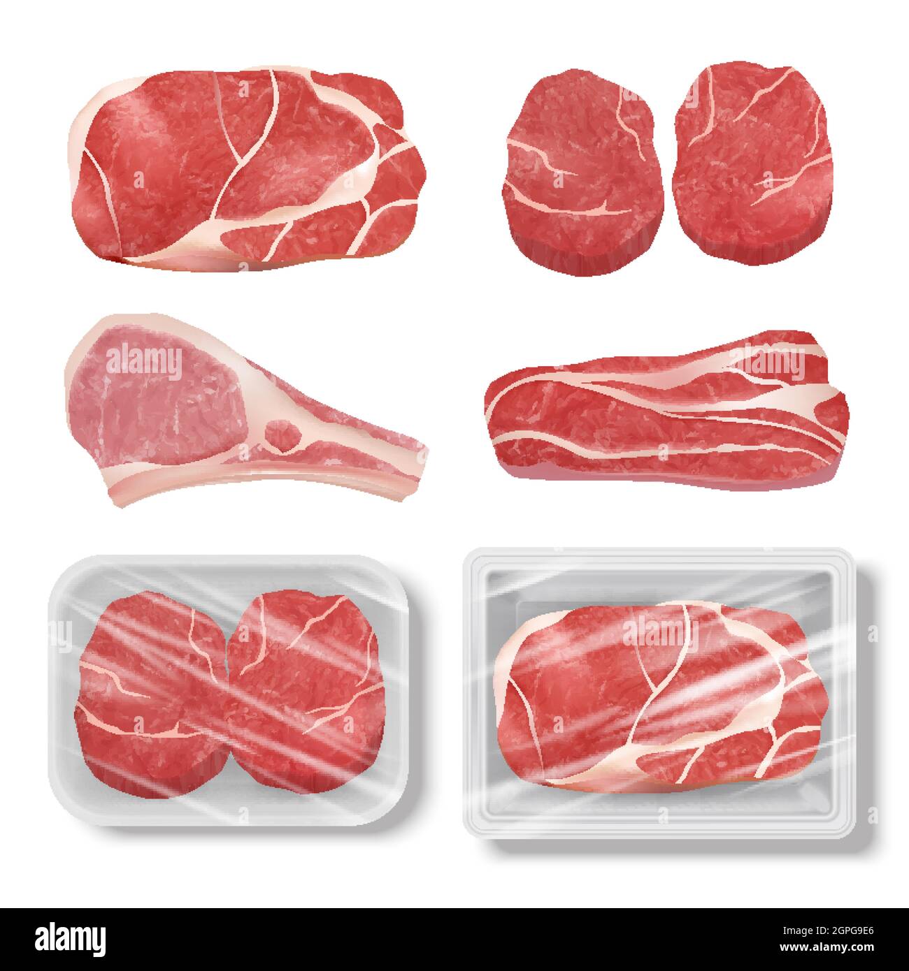 Realistic meat. Cow chicken pork steak grill food beef raw vector illustrations set Stock Vector