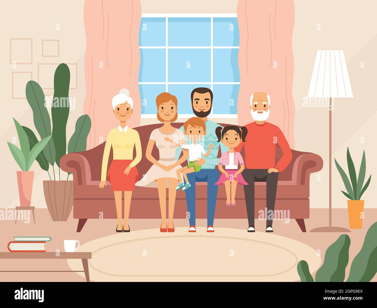 Big family. Mother father kids and grandparents happy characters smiling faces sitting in living room. Vector cartoon background Stock Vector
