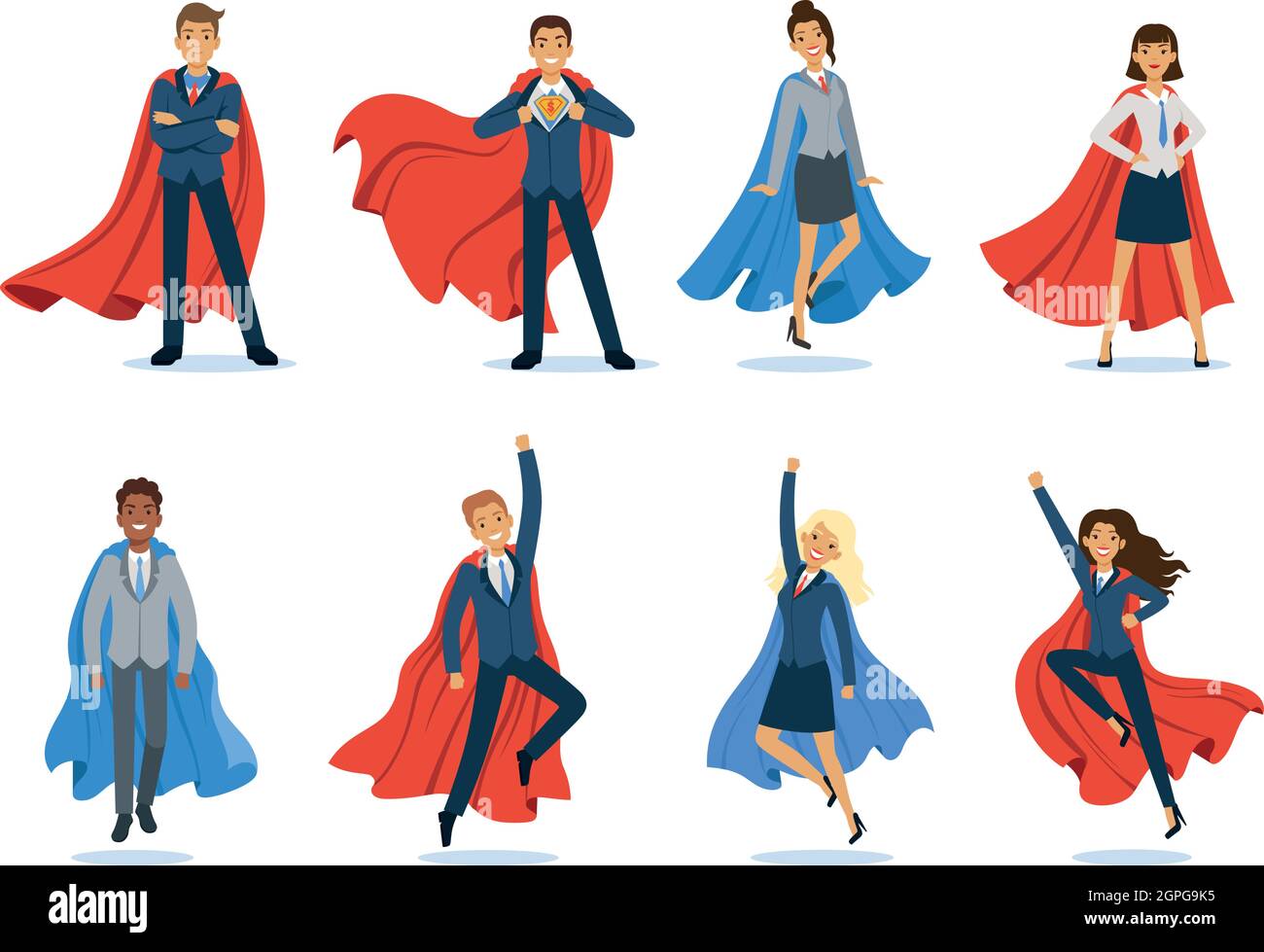 Business superheroes. Successful managers and bosses male and female professional vector characters in superhero cape Stock Vector