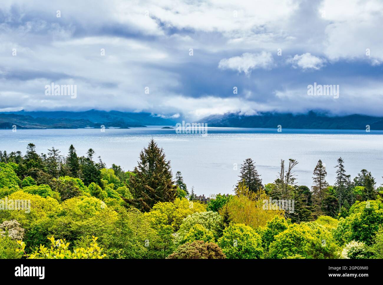 View across Sound of Sleat to mainland from Isle of Skye on cloudy day, Inner Hebrides, Scotland, Uk Stock Photo