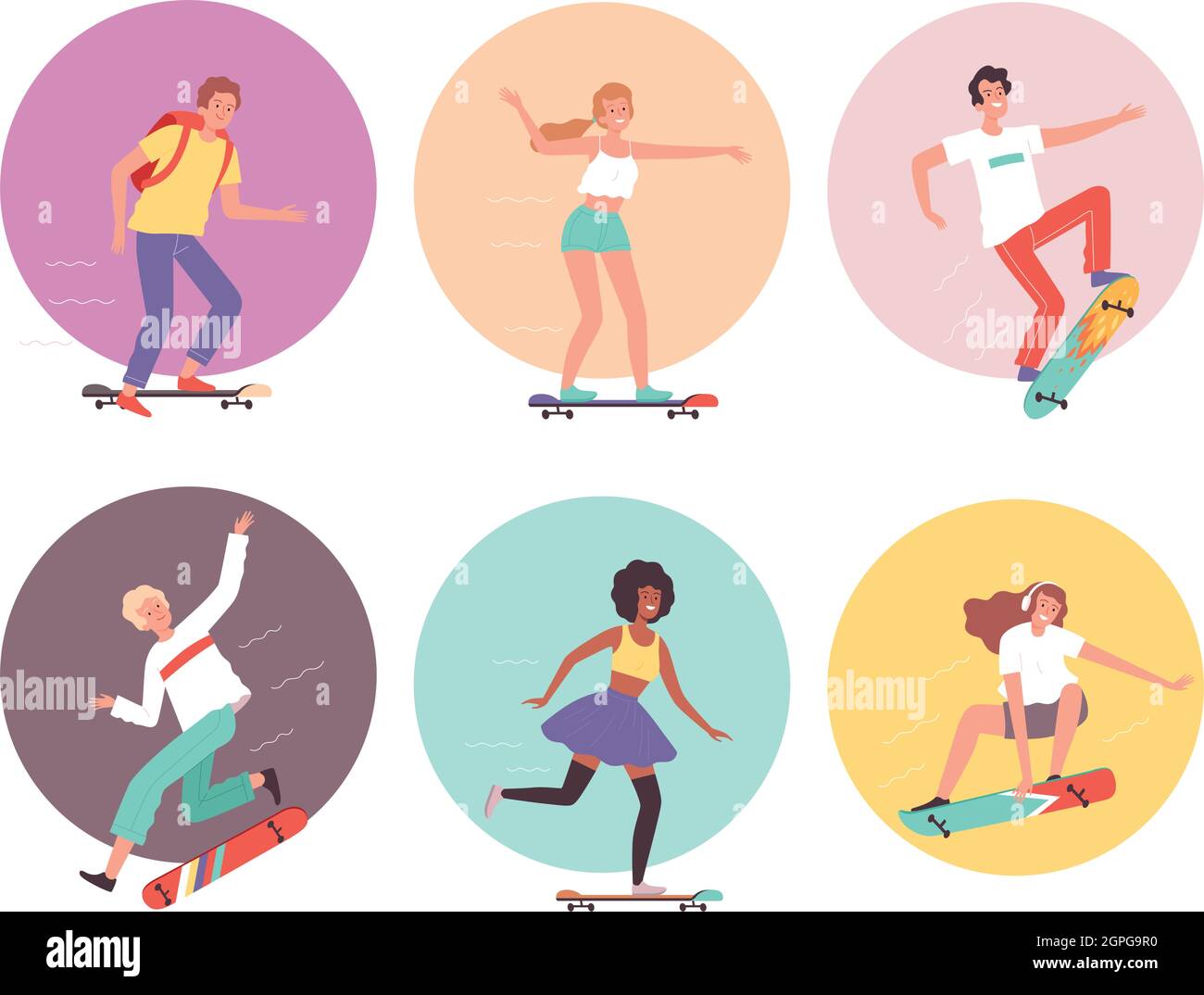 Skateboarders. Urban activity hipsters characters riders on skateboard cool guys vector illustrations Stock Vector