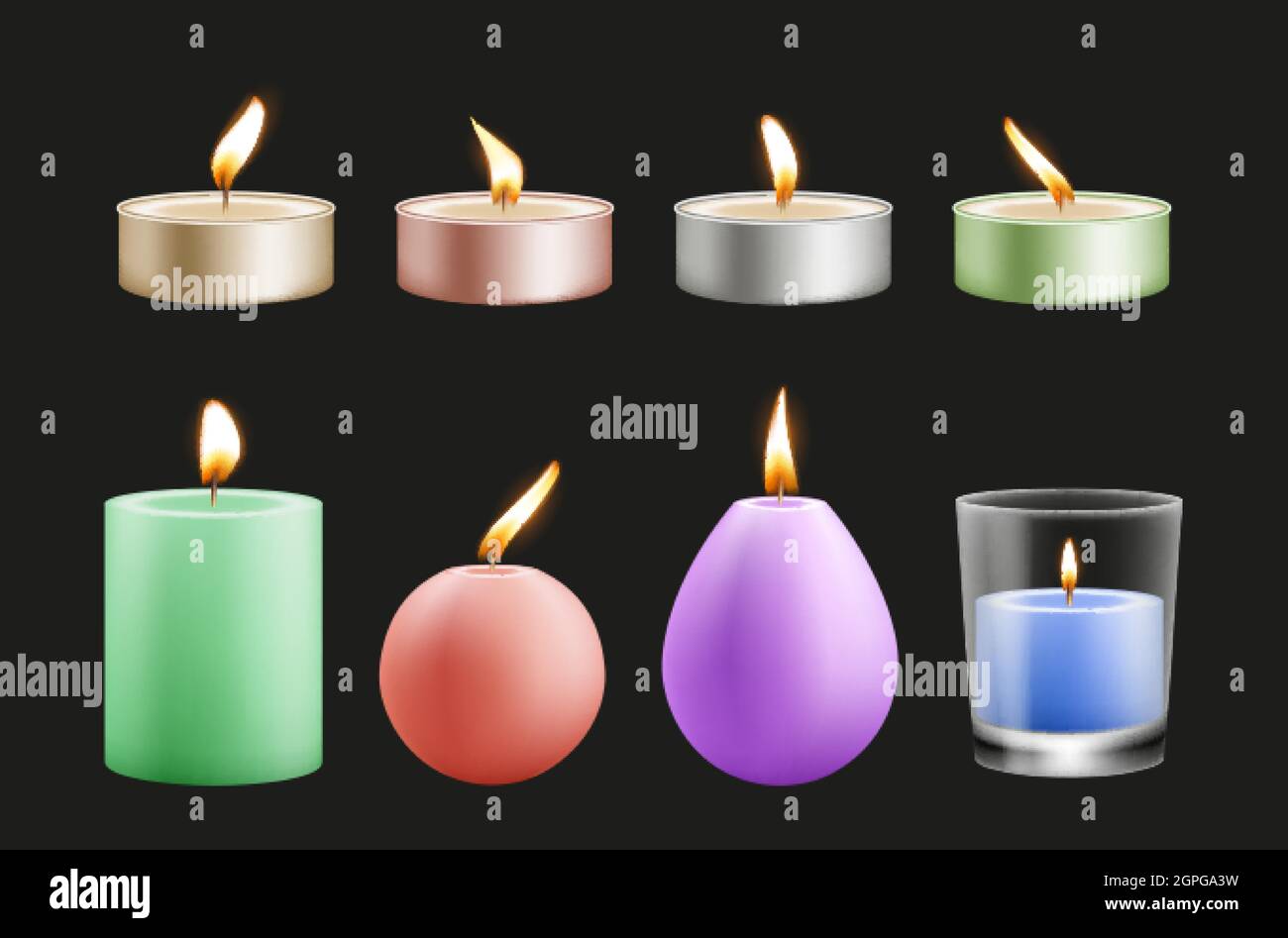 Realistic candles. Colorful wax festive burning decorations. Christmas