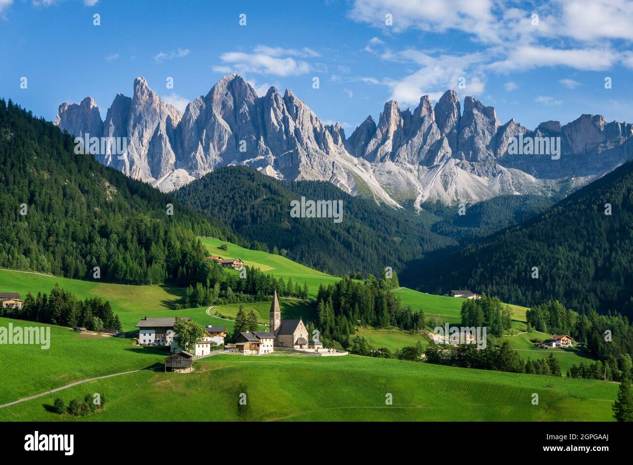 Beautiful picturesque landscape of the village of Santa Maddalena. Dolomites. Italy. Stock Photo