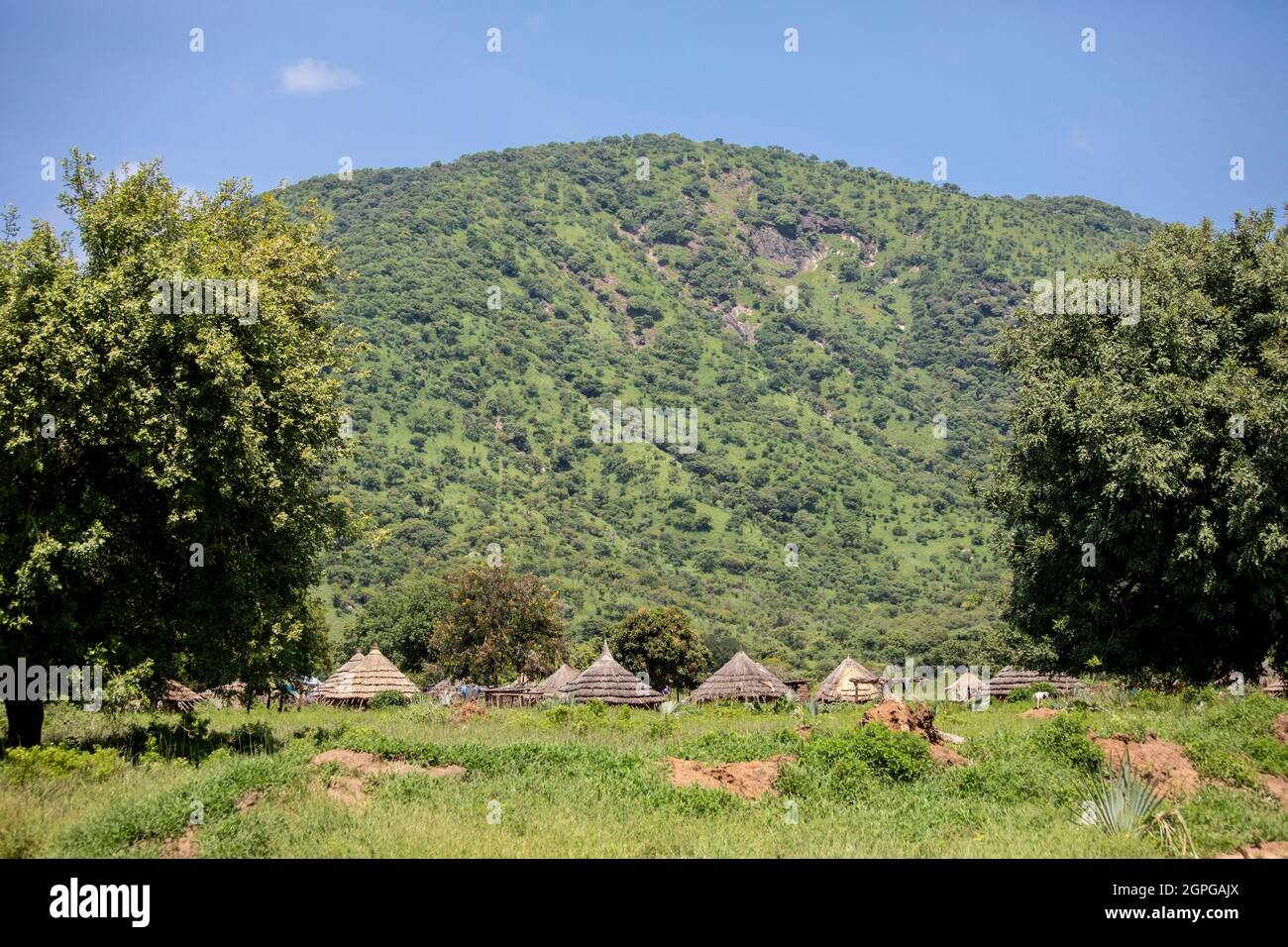 A small village in the Imatong Mountains of South Sudan. Stock Photo
