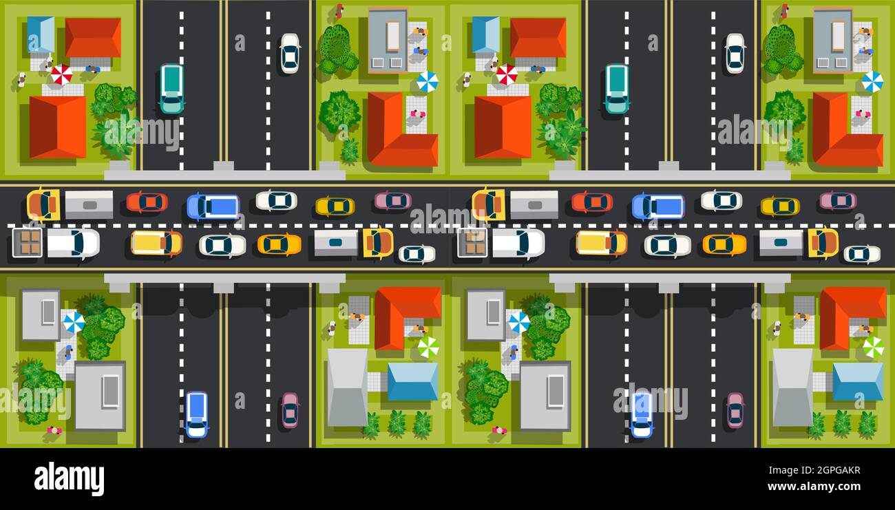 Road top view with highways many different vehicles. Stock Vector