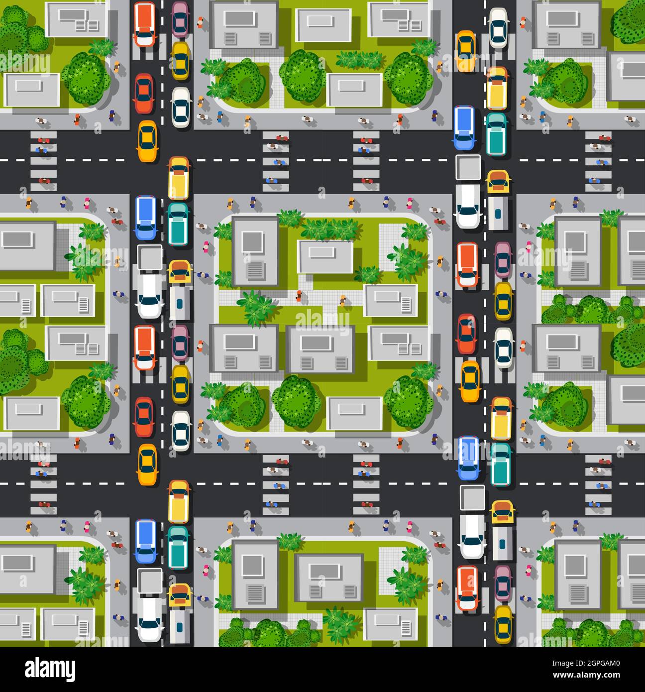 Road top view with highways many different vehicles. Stock Vector