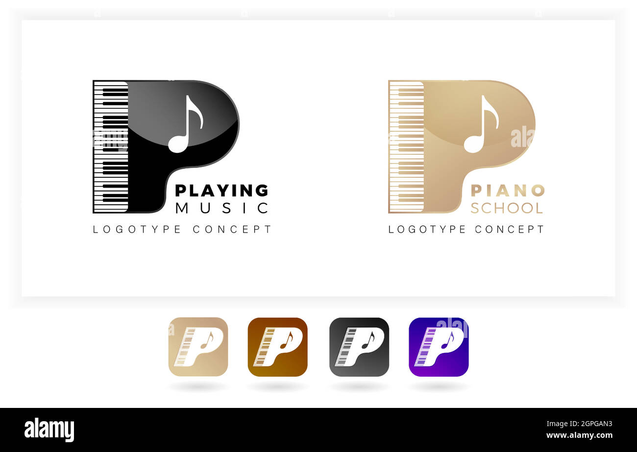 Logo letter P its meaning piano school or playing music. with illustration keyboard. two variation colors black and gold with isolated white background. applicable for logo apps, logo school, course. Stock Vector