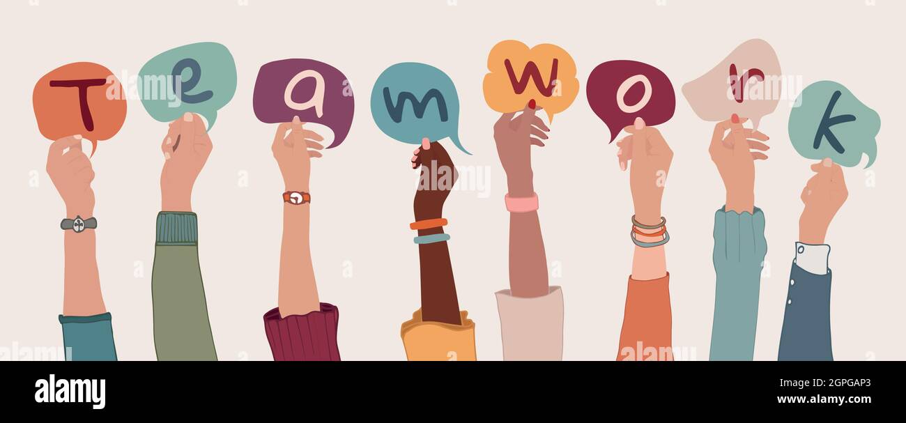 Group of arms and raised hands of diverse people holding a speech bubble with letters inside forming the text -Teamwork- Cooperation between colleague Stock Vector
